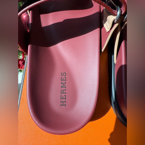 HERMES H CHYPRE ROUGE H BEIGE PERLINO LEATHER SANDALS SHOES FLAT SLIDES 37 NIB - Picture 7 of 15